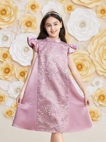 SHEIN Leap Crew Váy chữ A tay bồng, cổ đứng, ren xếp ly rộng rãi cho bé gái tuổi mới lớn - Hồng - Xem 1