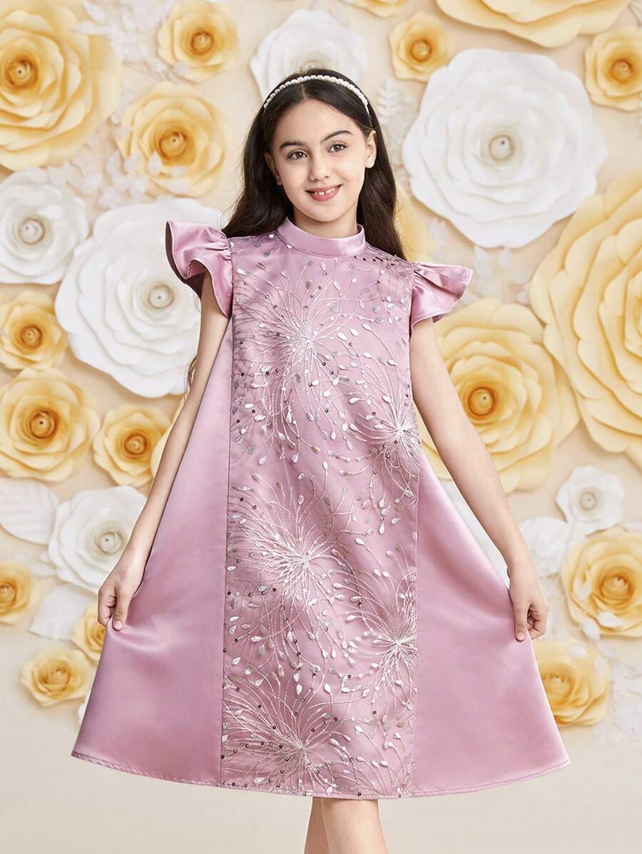 SHEIN Leap Crew Váy chữ A tay bồng, cổ đứng, ren xếp ly rộng rãi cho bé gái tuổi mới lớn - Hồng - Xem 1