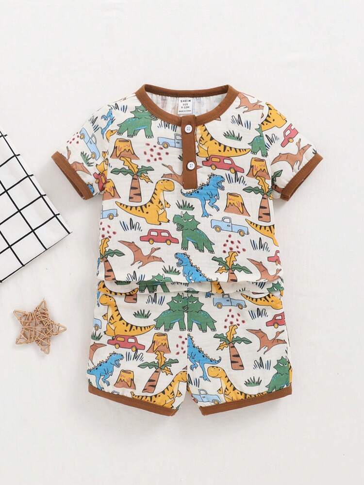 Cute Baby Boy/Girl Casual Color Block Cartoon Printed Short Sleeve Top And Shorts Set