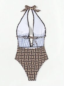Swim SXY Summer Beach Women's Geometric Printed One-Piece Swimsuit - Khaki - View 6