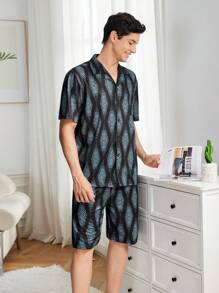 Short Sleeve Color Blocked Top And Shorts Homewear Set With Printed Pattern - Black - View 5