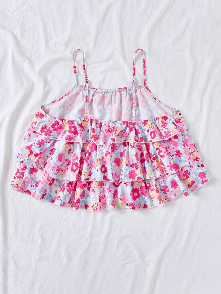 Plus Size Women's Loose Fit Vacation Style Floral Print Cami Top With Ruffle Hem