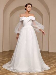 SHEIN Belle 3d花朵織物離肩燈籠袖禮服婚紗