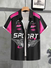 Manfinity LEGND Áo sơ mi nam cài nút có thiết kế khối màu và in chữ ở mặt trước tay ngắn - Nhiều màu - Xem 4