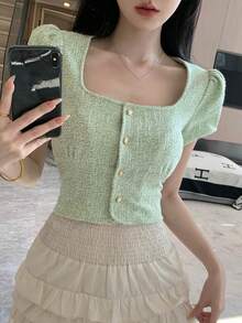 DAZY 女士泡泡袖短款t-shirt - 綠色 - 查看 3