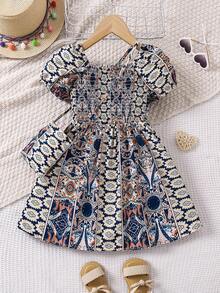 Young Girls' Printed Puff Sleeves Waist-Cinched Dress - Royal Blue - View 2