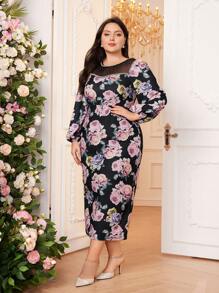 Modelyn Plus Size V-Neck Lantern Sleeve Printed Mesh Splicing Long Dress Long Evening Dresses - Multicolor - View 6