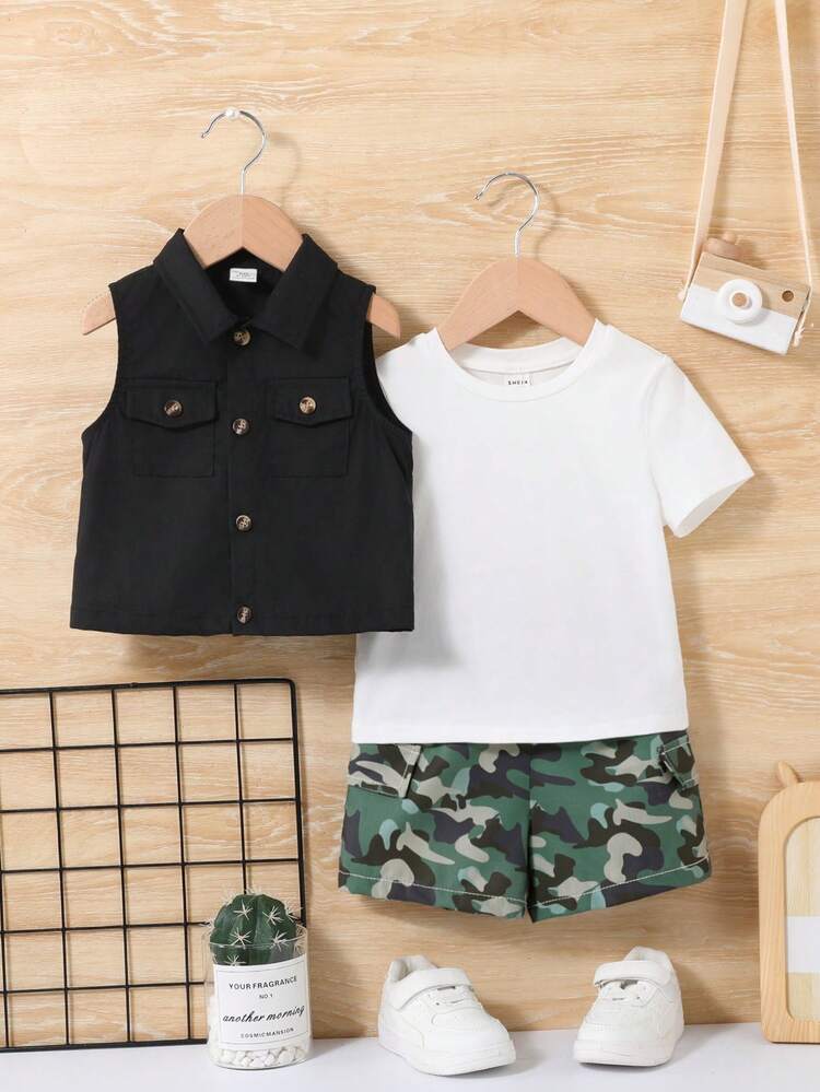 Baby Boy's Casual Outdoor Solid Color Vest, Short Sleeve T-Shirt, Camouflage Shorts Set