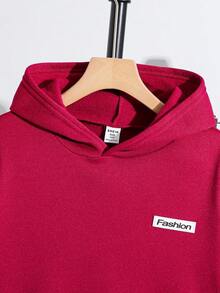 SHEIN 男大童字母貼布加絨內裏連帽衫和運動褲 - 酒紅色 - 查看 5