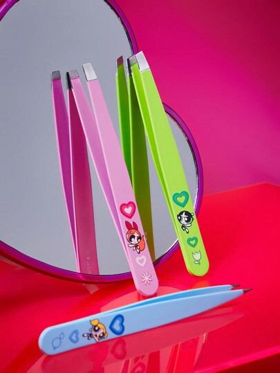 THE POWERPUFF GIRLS X SHEIN Set de 3 pinzas para cejas con patrones de flor de corazón, burbujas y ranúnculo en colores llamativos