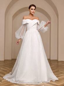 SHEIN Belle 3d花朵織物離肩燈籠袖禮服婚紗