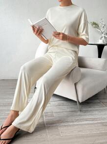 SHEIN LUNE Knitted Ribbed Neck Half Sleeve Drop Sleeve Top And Pants Set - Apricot - View 5