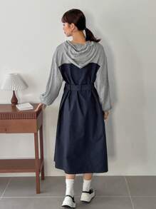 FRIFUL 女式拼色连帽运动衫连衣裙（带抽绳）秋季服装 - 藏蓝色 - 查看 6