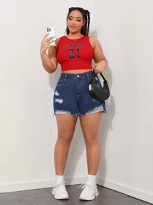 SHEIN EZwear Short En Jean Déchiré Effiloché Grande Taille Pour Femme