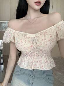 DAZY Women's Off Shoulder Princess Style Striped Ditsy Floral Blouse,Ruffle,Crop Tops Women