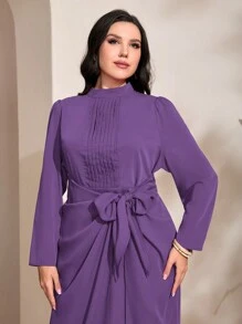 Modelyn Plus Size Women's Stand Collar Puff Long Sleeve Dress - Purple - View 3