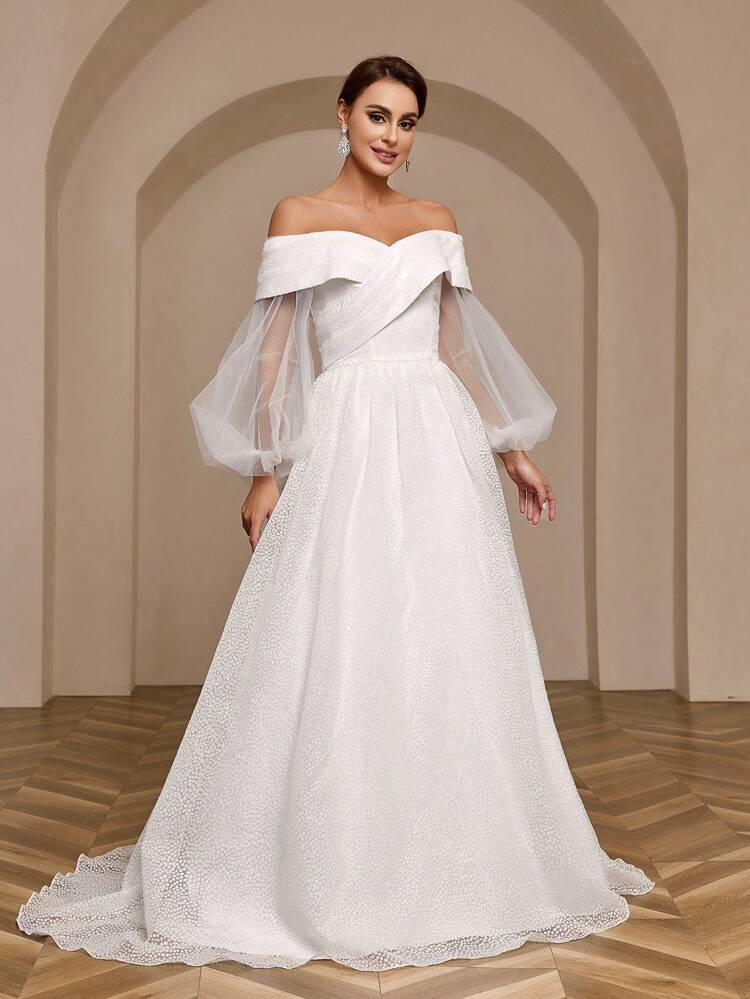 3d Blossom Fabric Off Shoulder Lantern Sleeve Ball Gown Wedding Dress