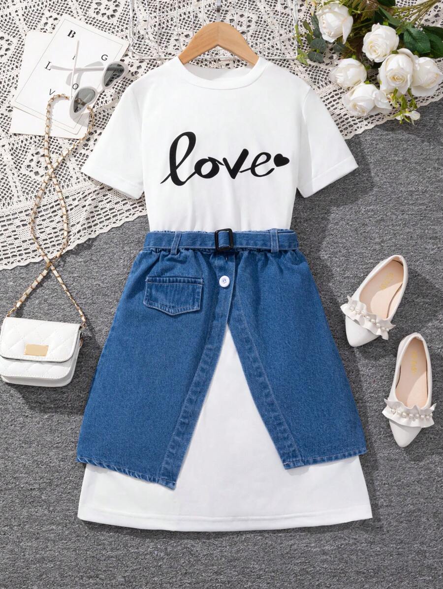 SHEIN Tween Girls' Knit Heart Print Dress And Denim Dress - Multicolor - View 1
