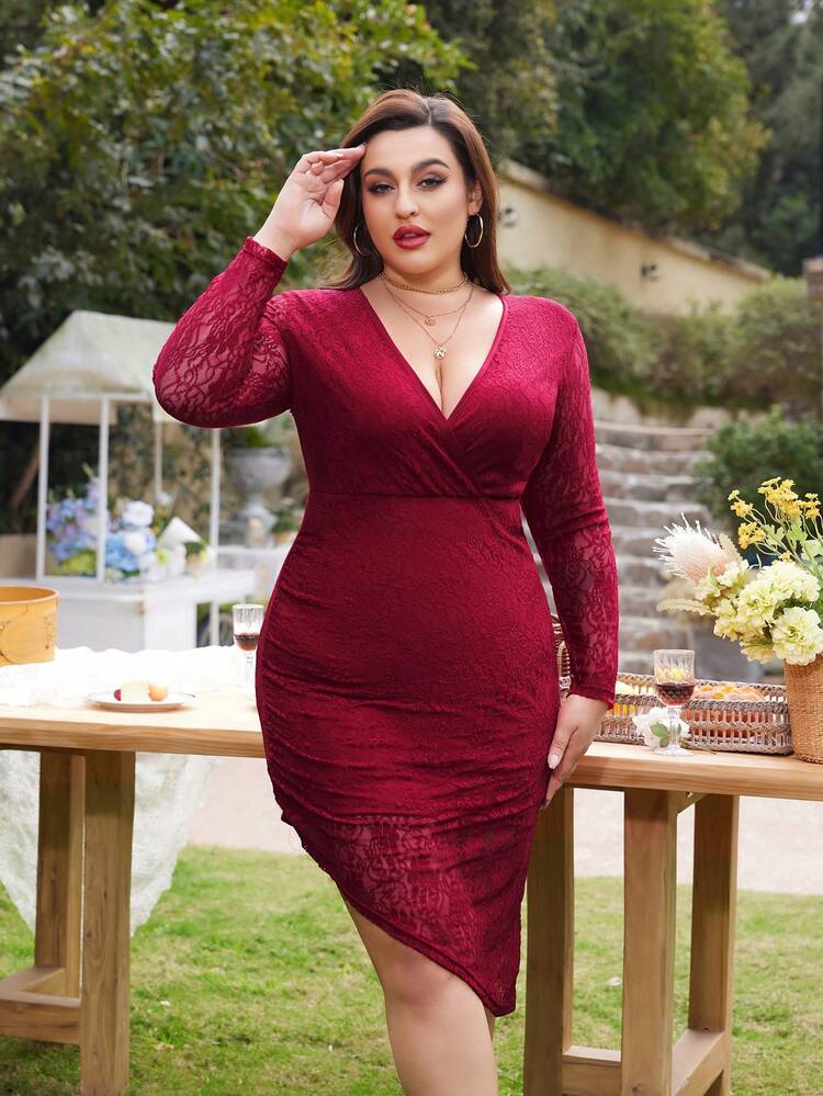 Burgundy Red Plus Size Sexy Lace V-Neck Asymmetrical Hemline Dress, Wedding Guest Dress