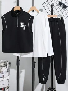 SHEIN Conjunto De Tres Piezas Para Niño Adolescente Que Incluye Chaleco Con Estampado De Letra, Camiseta De Color Sólido, Pantalones Con Detalles De Corona Y Bordes Enrollados