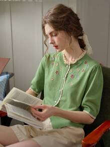 Simple Retro 女士刺繡蕾絲邊開衫 - 綠色 - 查看 8