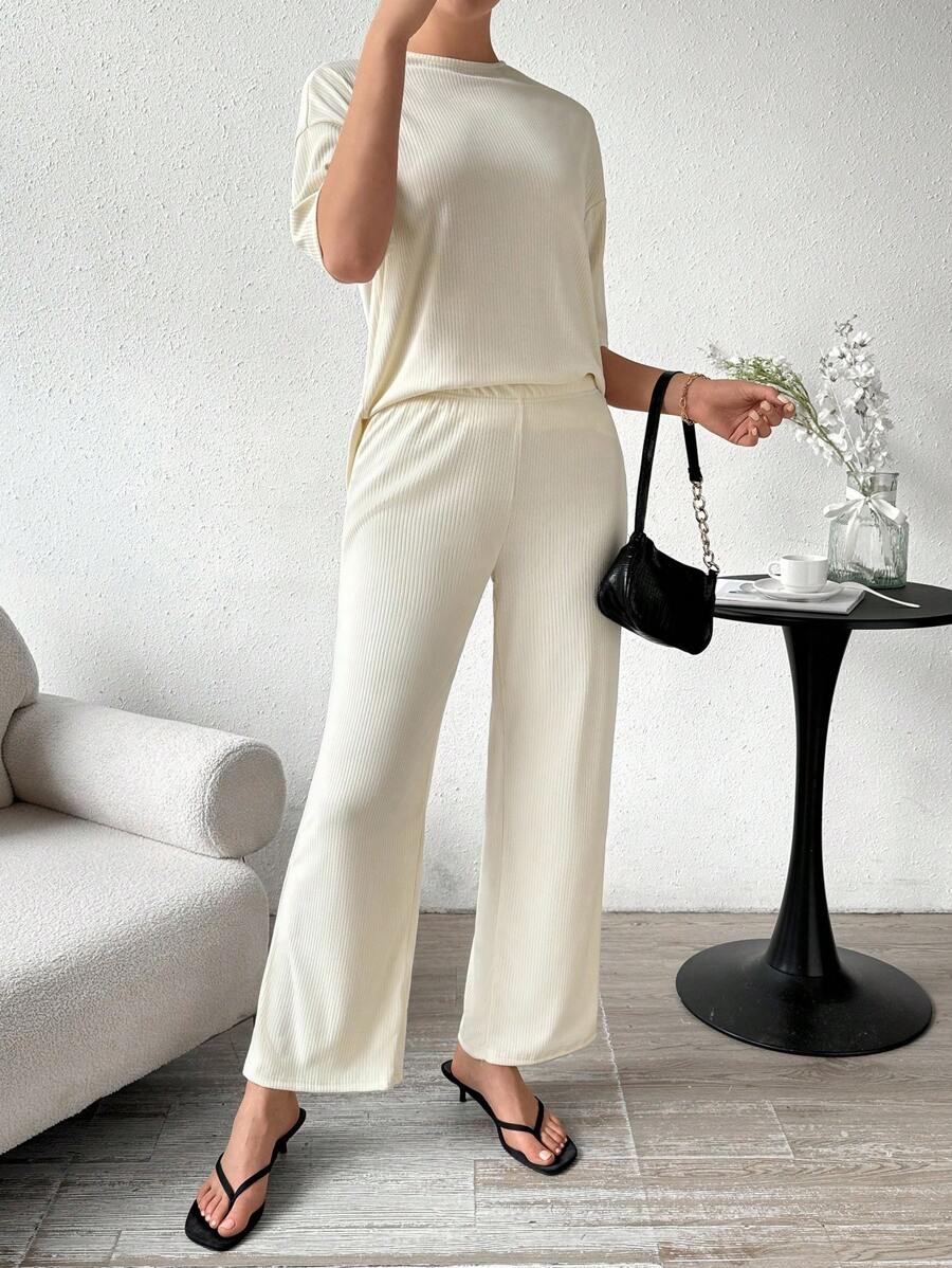 SHEIN LUNE Knitted Ribbed Neck Half Sleeve Drop Sleeve Top And Pants Set - Apricot - View 1
