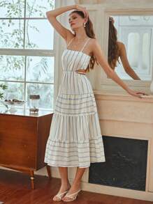 Aveloria Rosie Women's Vertical Stripe Cut-Out Waist Cami Dress Vacation Outfits Woman 