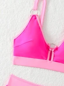 SHEIN Swim 女士兩件式比基尼套裝，配有環形細節和拼色設計，高腰泳裝套裝 - 粉色 - 查看 7