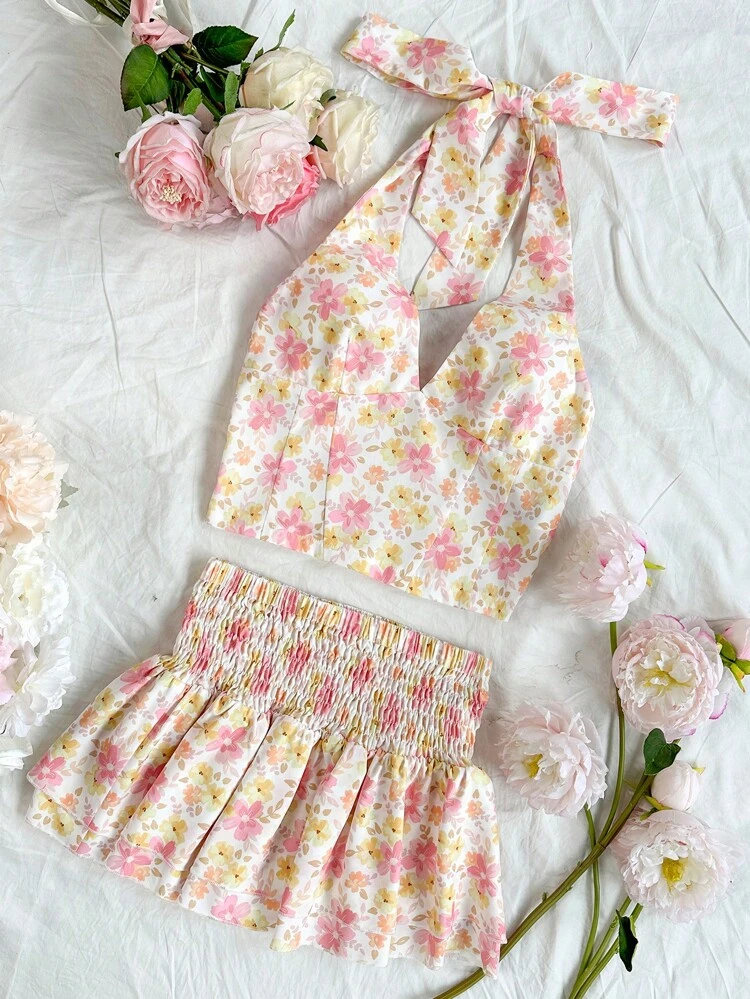 Women's Floral Print Halter Neck Vest Top And A-Line Skirt Set Tea Party Attire