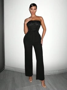 SHEIN SXY Women's Strapless Lace Splicing Wide-Leg Jumpsuit - Black - View 5