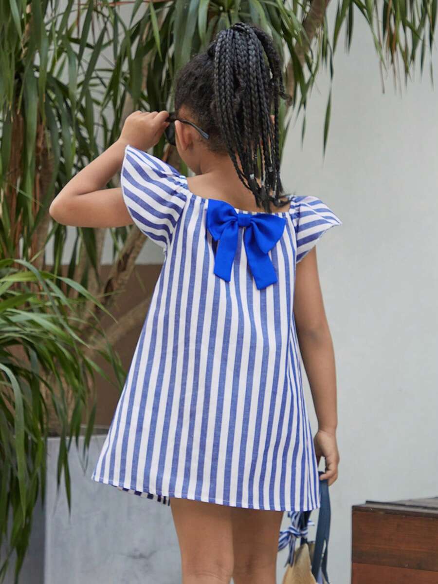 SHEIN Young Girl's Casual Striped Square Neckline Dress For Spring And Summer - Blue and White - View 1