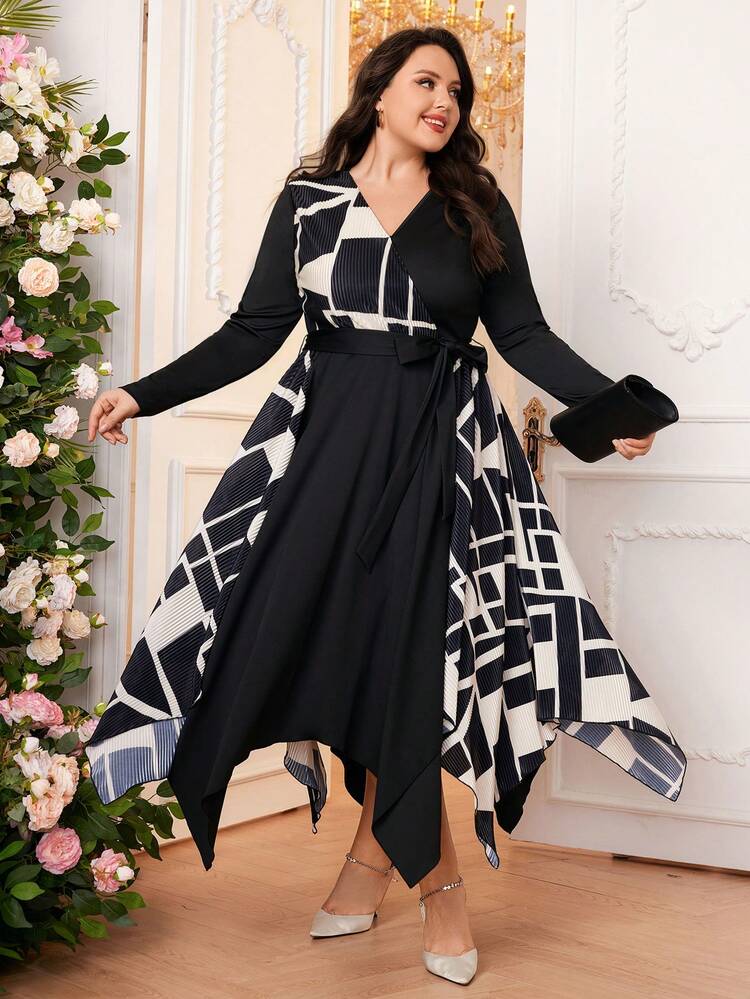 Women's Arab Islamic Clothing Asymmetrical Hem Splicing V-Neck Dress Long Evening Dresses