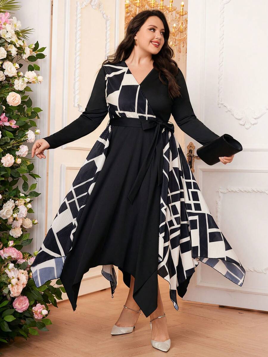 Modelyn Women's Arab Islamic Clothing Asymmetrical Hem Splicing V-Neck Dress Long Evening Dresses - Multicolor - View 1