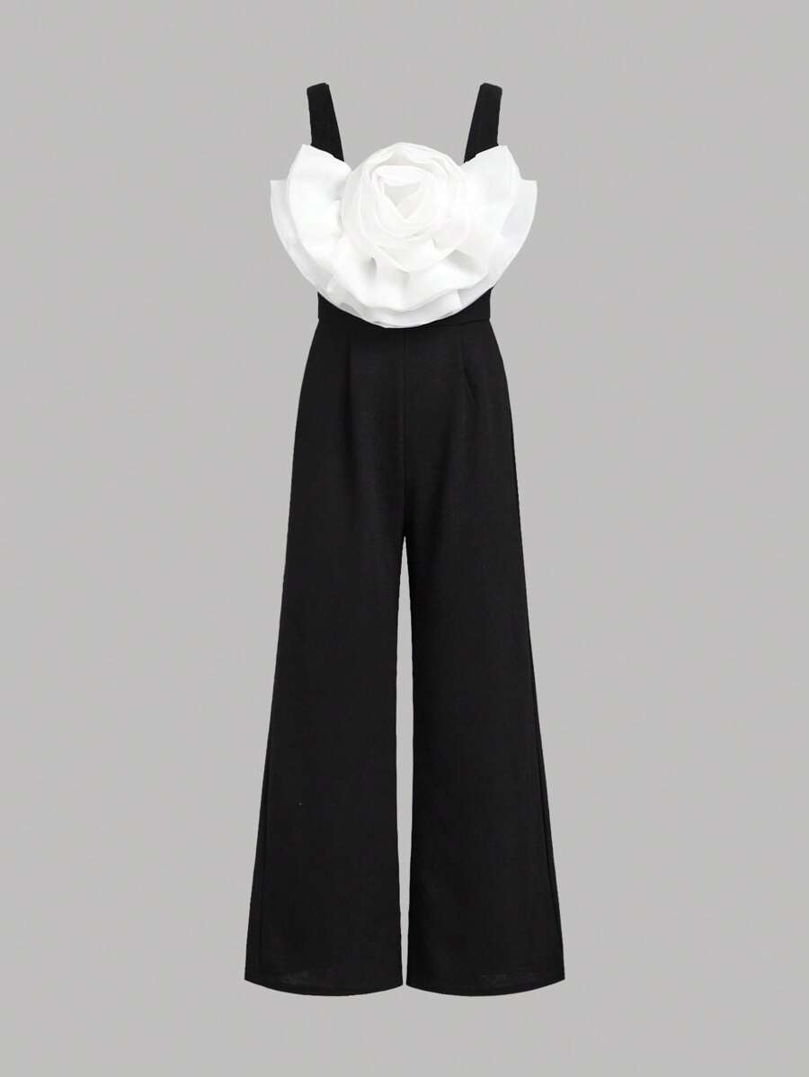 SHEIN Girlism 中輩女孩3d花朵拼色背帶連體褲,寬腳長褲 - 黑與白 - 查看 1