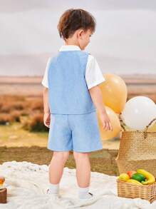 Young Boy Academy Styled Classic Gentleman Suit With Dress Shirt, Vest, Shorts, 3pcs/Set - Multicolor - View 2