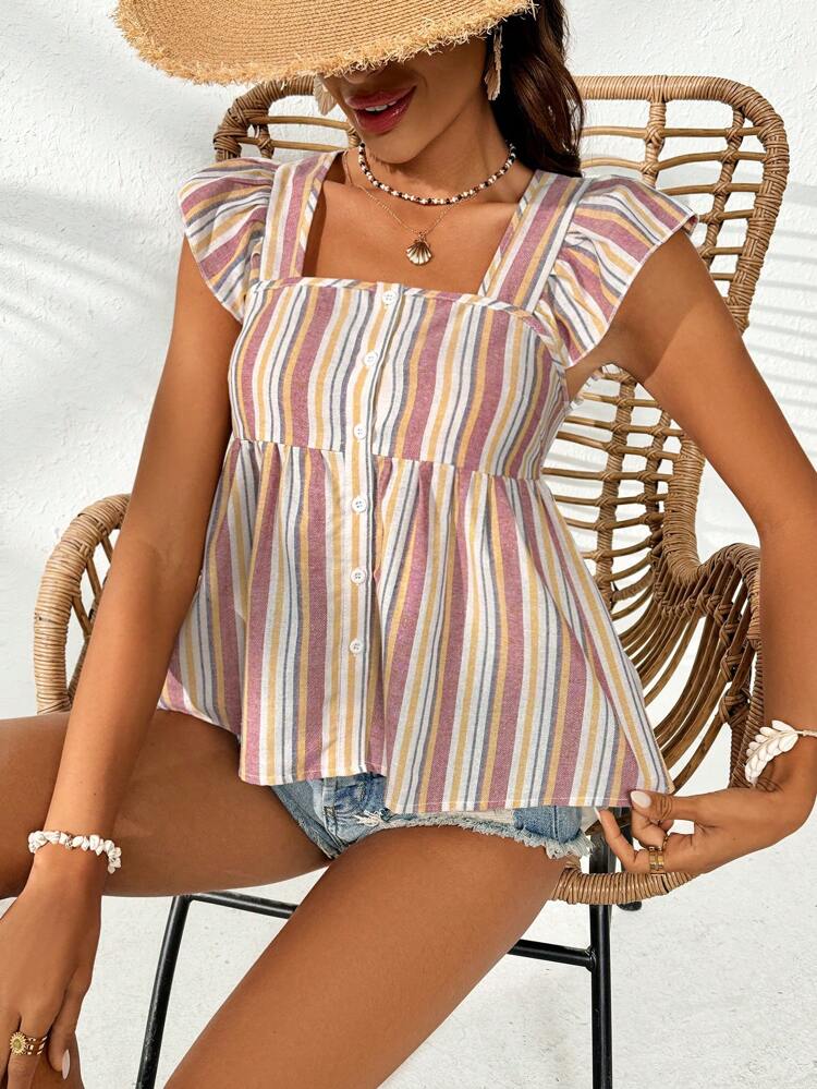 Vacation Striped Ruffle Hem Peter Pan Collar Cap Sleeve Women's Blouse