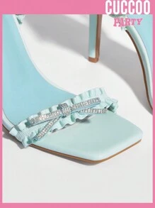 Woman Shoes Fashionable Square Toe Rhinestone Decor Bow Knot High Heel Sandals With Pleated Design Wedding Shoes For Spring And Summer - Baby Blue - View 4
