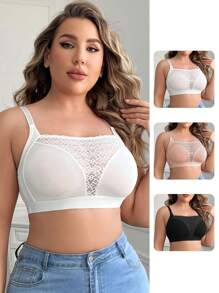 3 件大码女士网眼拼接无钢圈文胸套装，内衣 - 彩色 - 查看 1