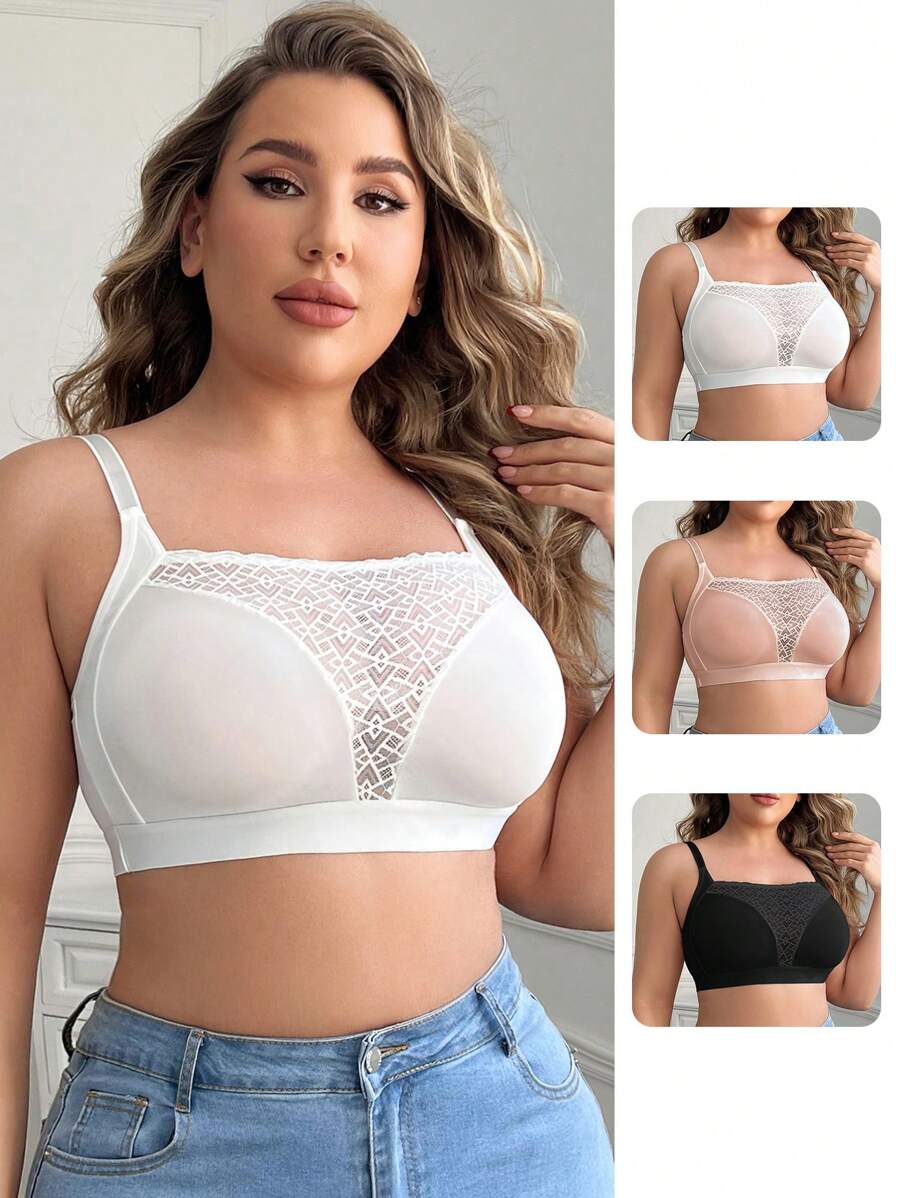 3 件大码女士网眼拼接无钢圈文胸套装，内衣 - 彩色 - 查看 1