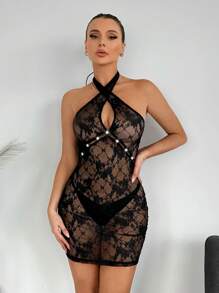 SHEIN SXY 交叉肩帶拉皺緊身連體裙,露背性感生日裝春夏女裝約會派對單身派對露肩空心花朵蕾絲緊身迷你裙,透視細節設計 - 黑色 - 查看 5