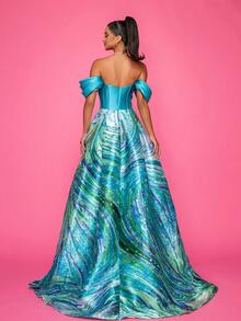 鲜艳的蓝色露肩高开叉长礼服，采用缎面面料，精美的花卉印花和蝴蝶结细节，优雅的派对，女士舞会礼服，正式晚礼服婚礼宾客礼服，适合毕业典礼，晚宴 - 綠色 - 查看 2