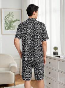 Men's Casual Floral Print Color-Block Short Sleeve Top And Shorts Homewear Set