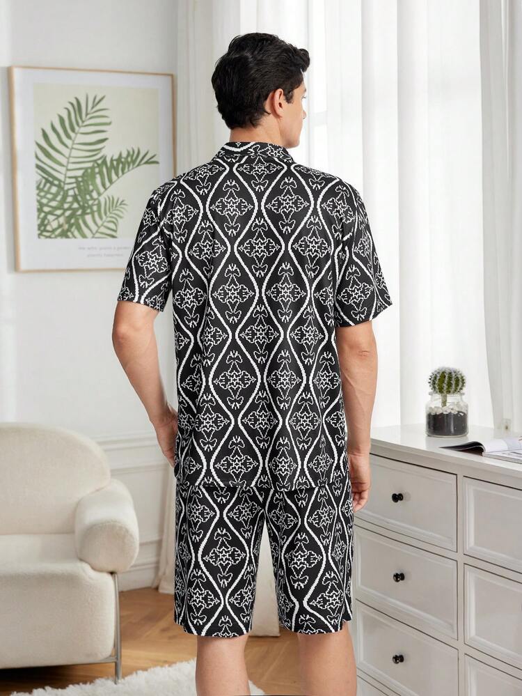 Men's Casual Floral Print Color-Block Short Sleeve Top And Shorts Homewear Set