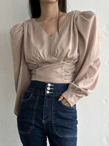 DAZY Women's Cropped Shirt With Ruched Puff Sleeves,Fall Clothes Long Sleeve Top - Apricot - View 5