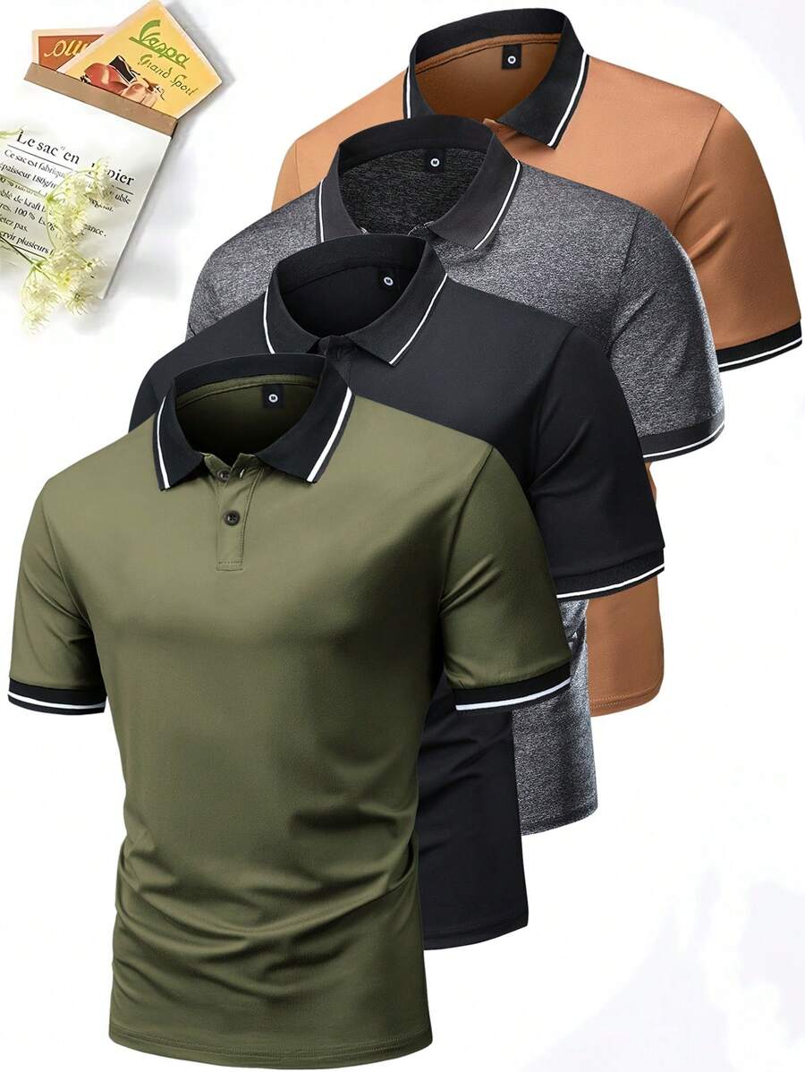 Set de 4 camisas polo de manga corta y coloridas para hombres, de cuello clásico, tela ligera, con bloques de color, fashionables y versátiles para vacaciones, exteriores, verano - Verde Oliva - Ver 1