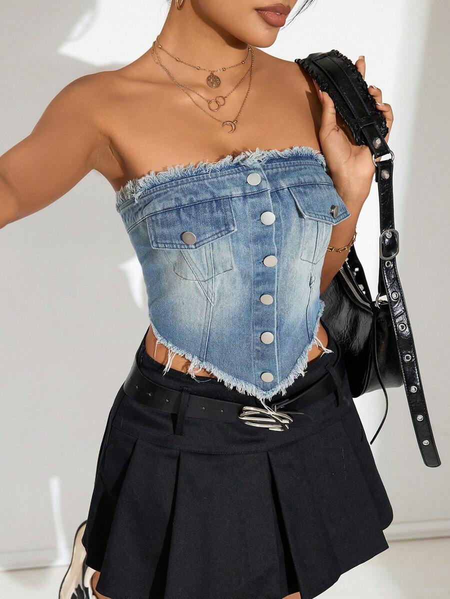 Aveloria Denim Top With Asymmetrical Hemline, Raw Trim, Pockets And Strapless Design