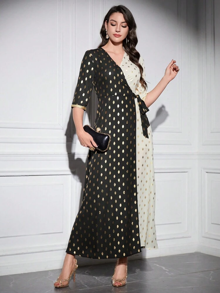 Women's Polka Dot Short Sleeve Dress With Gold Foil Print