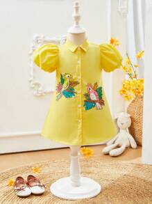 SHEIN 寶寶女孩可愛鳥紋短泡袖襯衫裙 - 黃色 - 查看 1