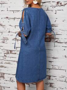 SHEIN LUNE Women's Denim Dress With Curved V-Neckline - Blue - View 1