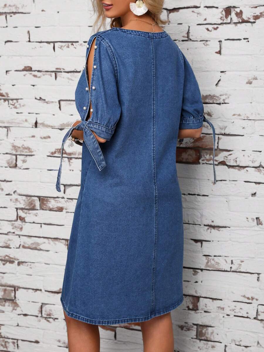 SHEIN LUNE Women's Denim Dress With Curved V-Neckline - Blue - View 1